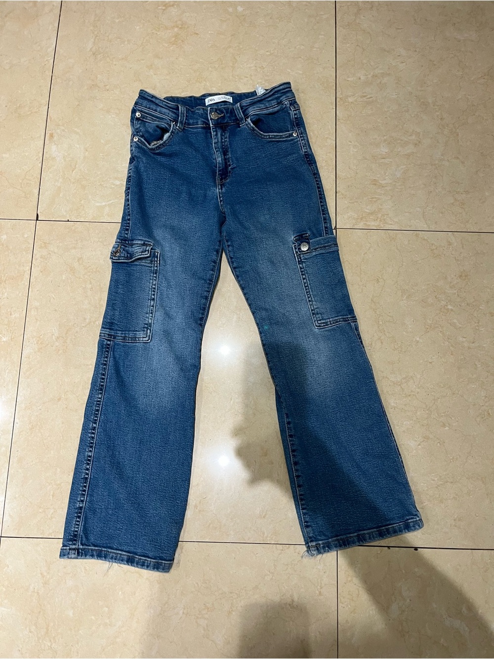 Zara Dark Blue Flare Cargo Jeans